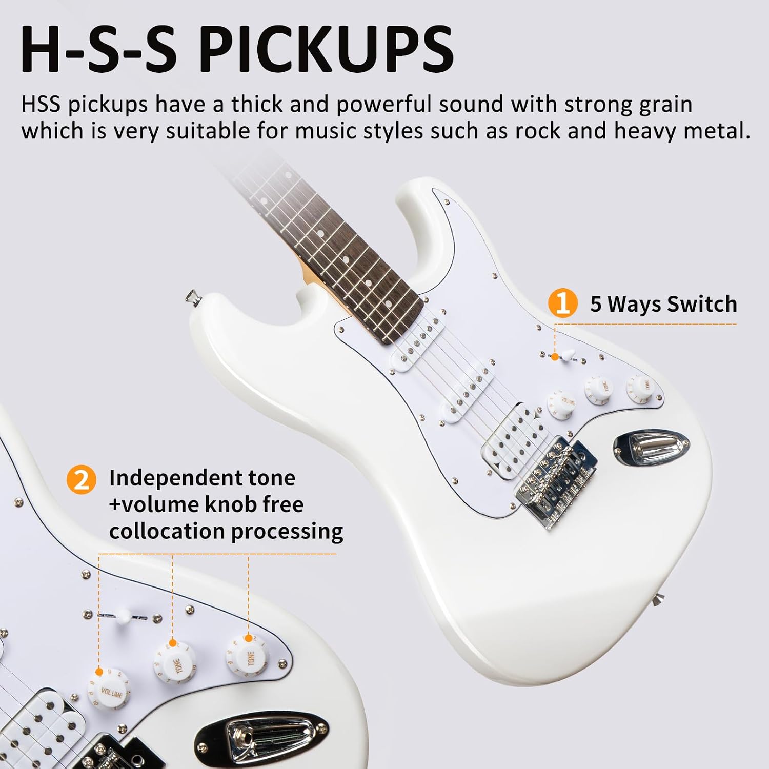 AODSK Electric Guitar with Amp Beginner Kit 39 Inch Solid Body Full Size,All Accessories,Digital Tuner,Six Strings,Four Picks,Tremolo Bar,Strap,Gig Bag,Starter kit (White-HSS)
