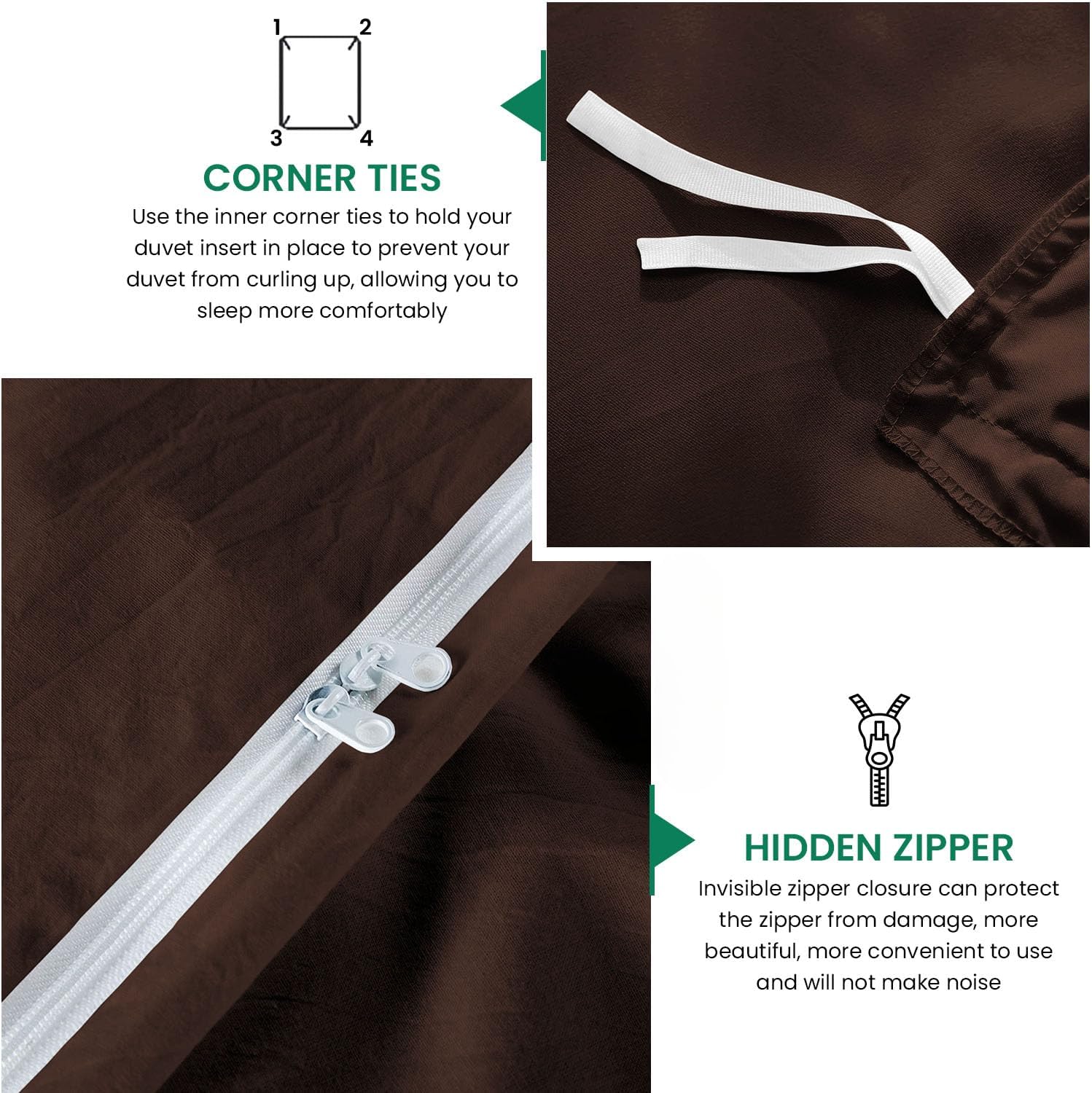 800TC 3 Sided Zipper Duvet Cover Set Soft Egyptian Cotton 3 Sided Zipper Closure, 3 PCS 1-Duvet Cover & 2- Pillow Shams - King-XL Size (98' x 116') Inches, (Solid Chocolate)