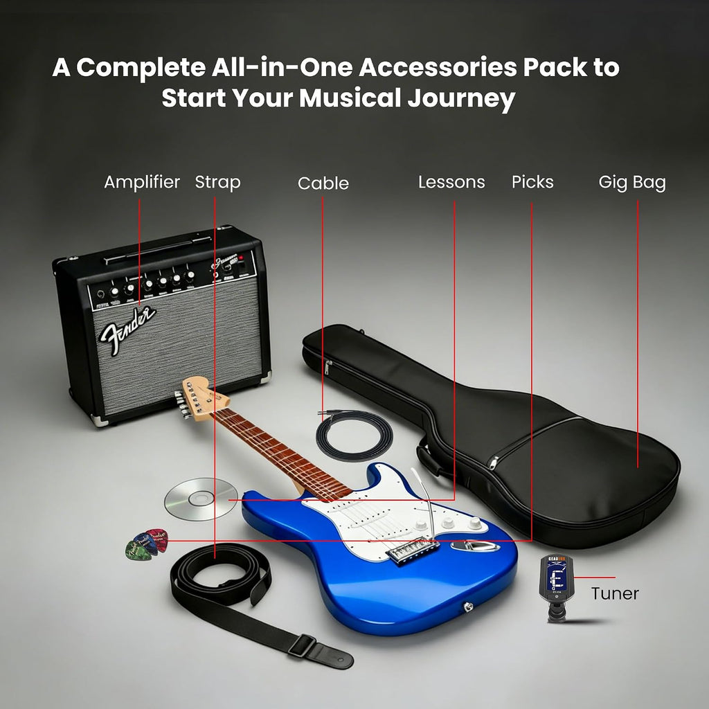 Fender Squier Sonic Stratocaster Pack - Sapphire Blue Transparent Bundle with Frontman 10G Amp, Gig Bag, Tuner, Instrument Cable, Strap, and Picks