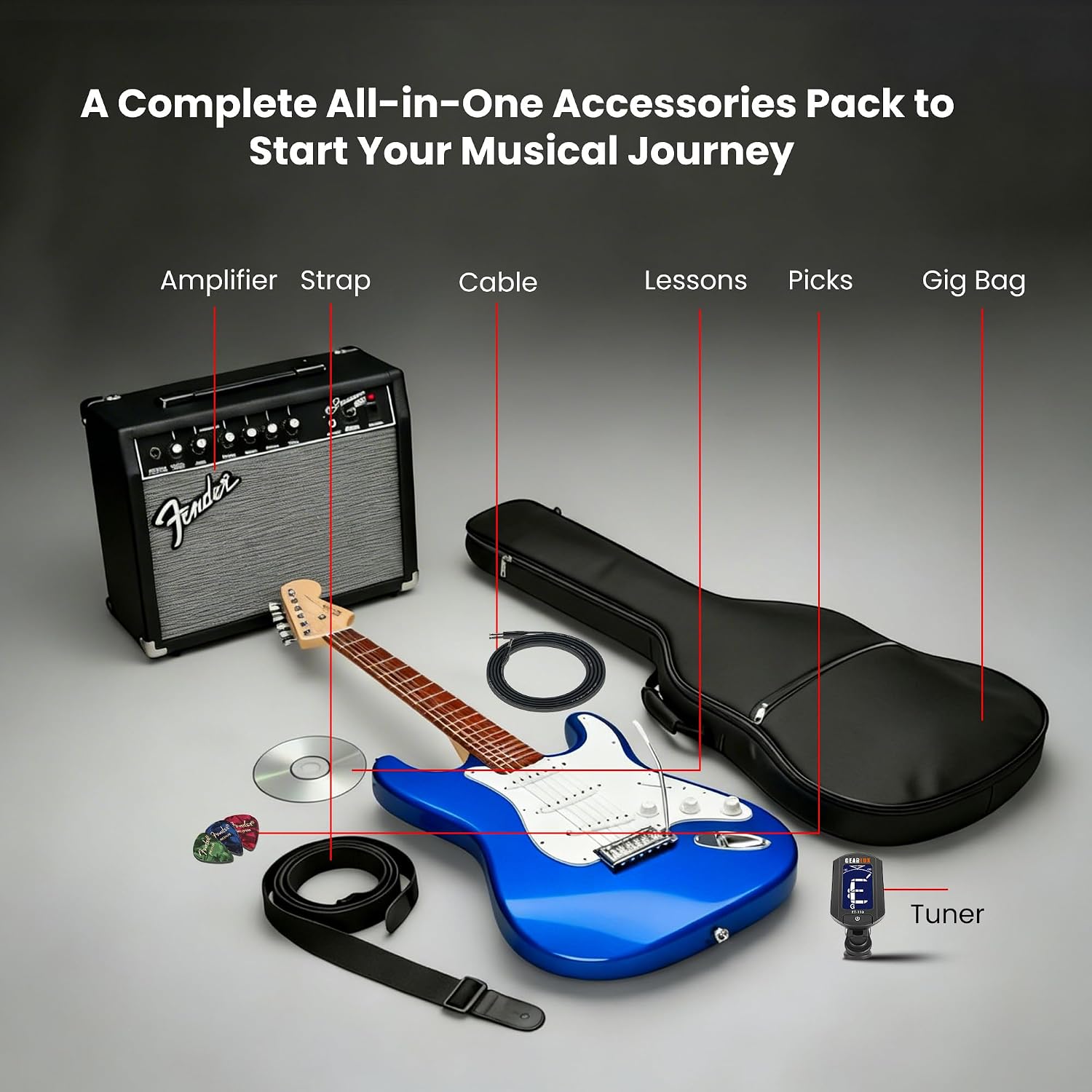 Fender Squier Sonic Stratocaster Pack - Sapphire Blue Transparent Bundle with Frontman 10G Amp, Gig Bag, Tuner, Instrument Cable, Strap, and Picks