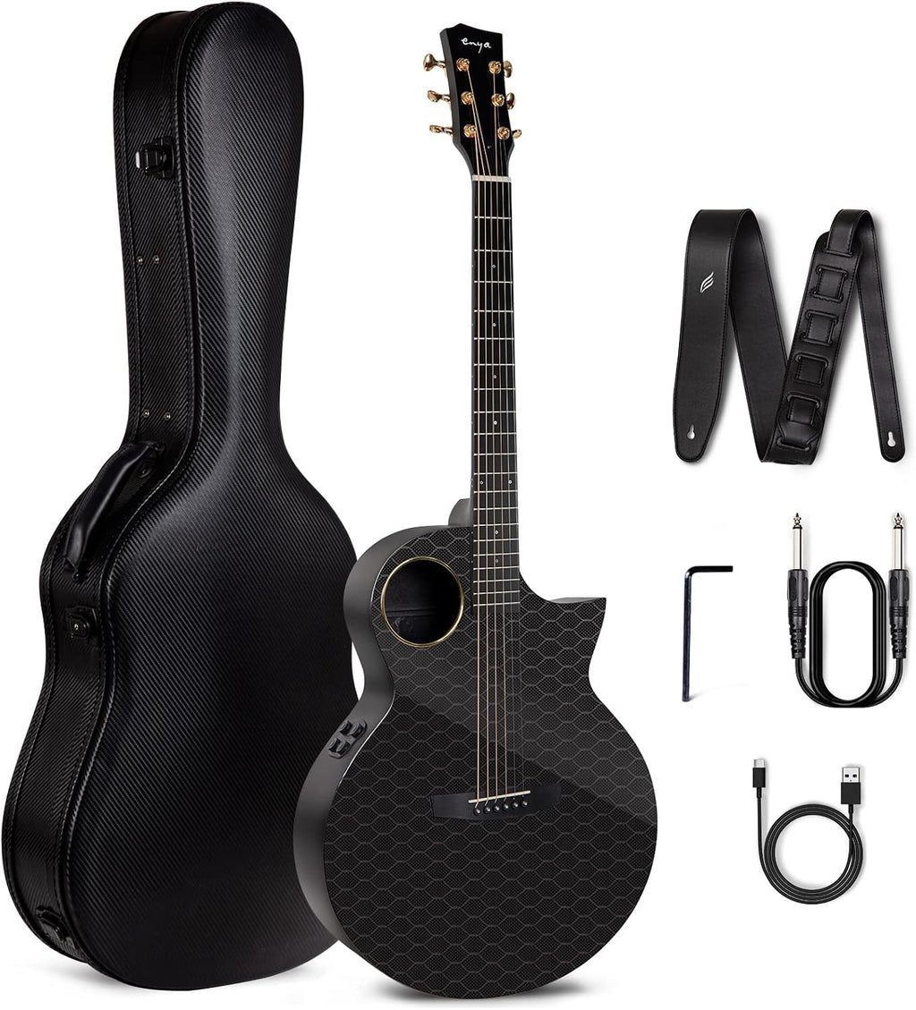 Enya X4 PRO Carbon Fiber Acoustic Electric Guitar, 41-Inch Full Size Cutaway Design, AcousticPlus Pickup System with Built-in Effects & Tuner, Includes Deluxe Hard Case, Leather Strap, Cable