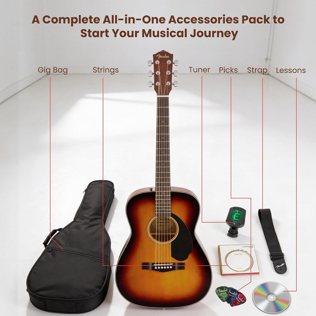 Fender CC-60S Solid Top Concert Acoustic Guitar - 3-Color Sunburst Bundle with Gig Bag, Tuner, Strap, Strings, Picks, and Austin Bazaar Instructional DVD