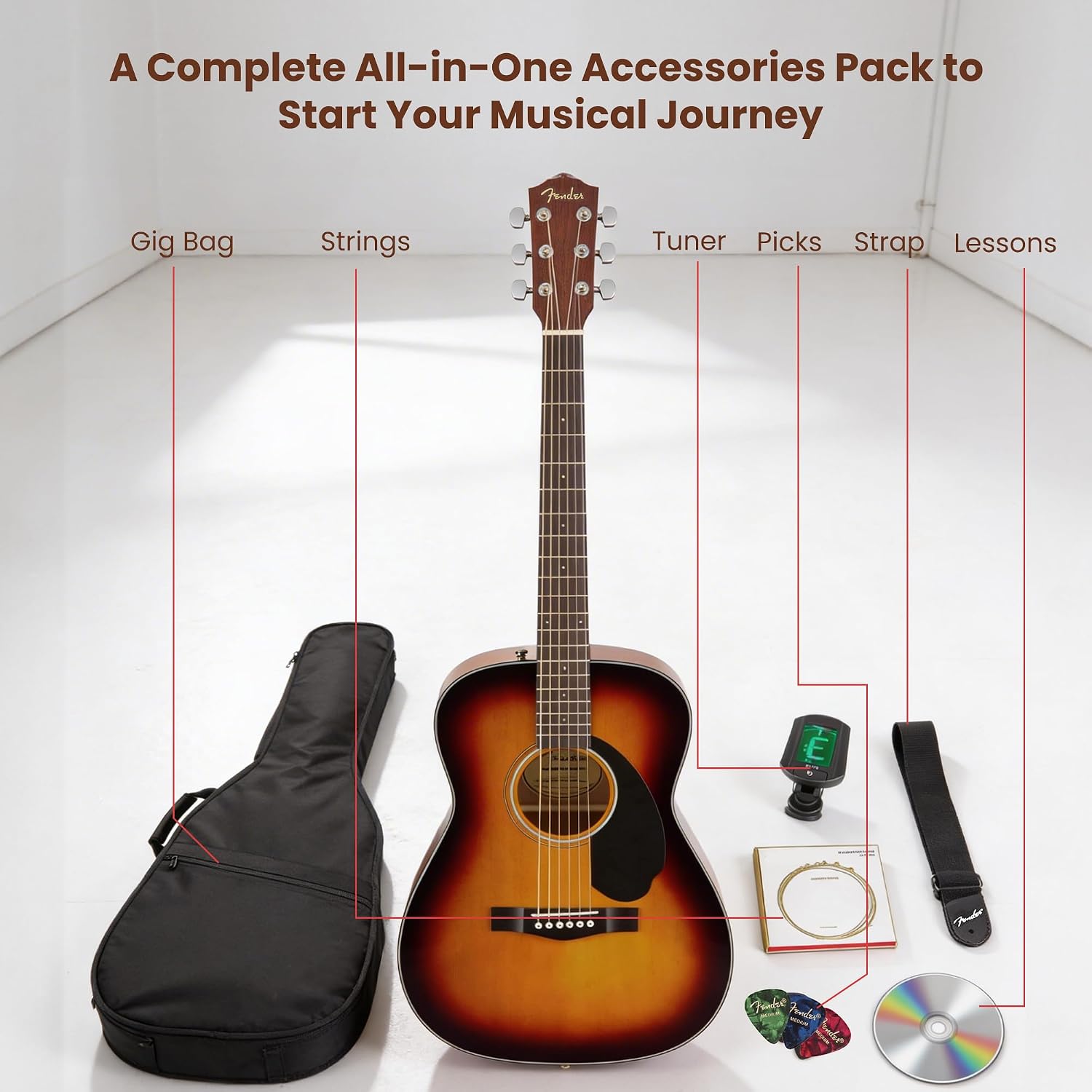 Fender CC-60S Solid Top Concert Acoustic Guitar - 3-Color Sunburst Bundle with Gig Bag, Tuner, Strap, Strings, Picks, and Austin Bazaar Instructional DVD