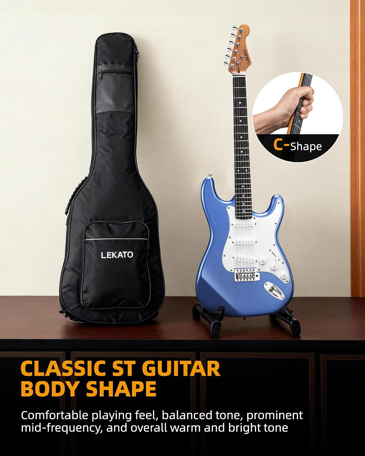 LEKATO Beginner Electric Guitar Kit 39 Inch Full Size Solid Body Guitar SSS for Starter Roasted Maple Neck Stainless Steel Frets, 5w Plug-in Amp, Bag, Tuner, Capo, Strap, Picks, String, Cable - Blue