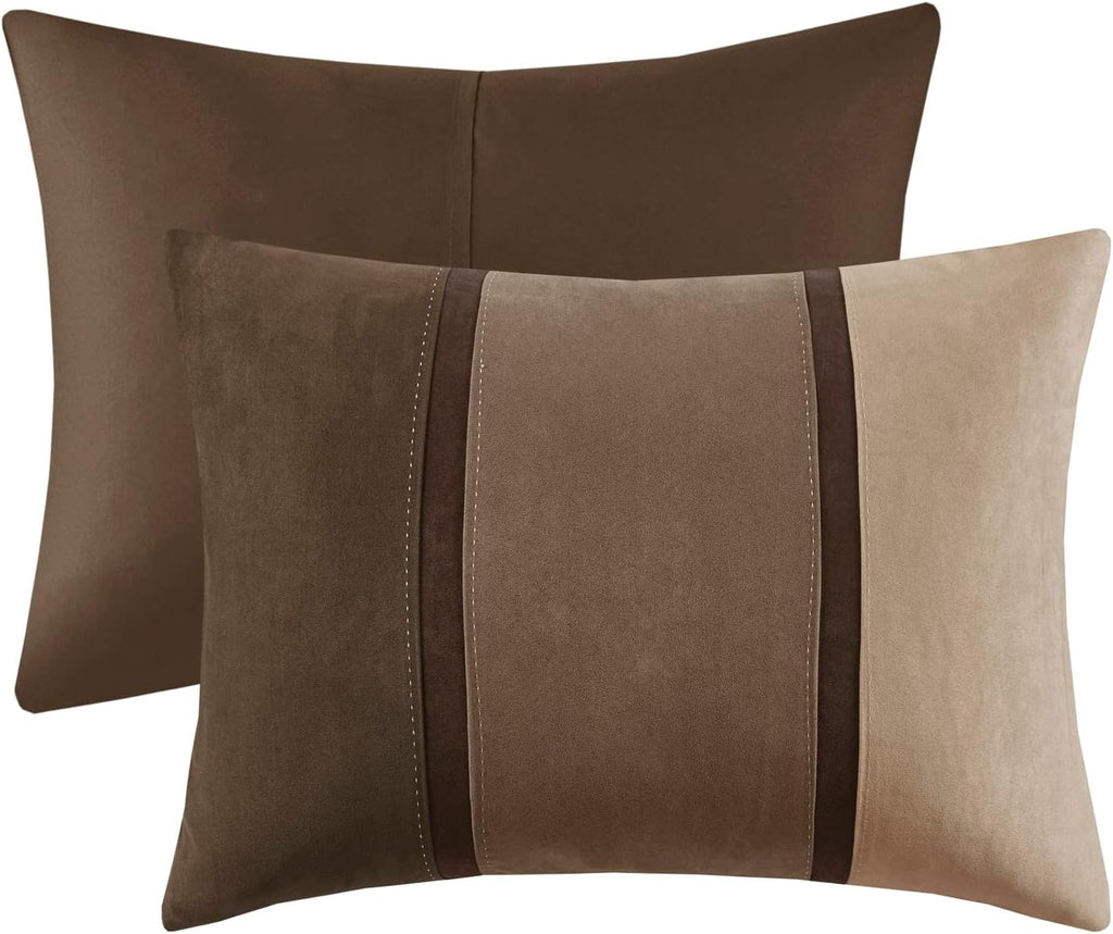 Madison Park Palisades Comforter Set Modern Faux Suede Pieced Stripe Design, All Season Down Alternative Cozy Bedding with Matching Shams, Decorative Pillows, Cal King(104'x92'), Brown 7 Piece