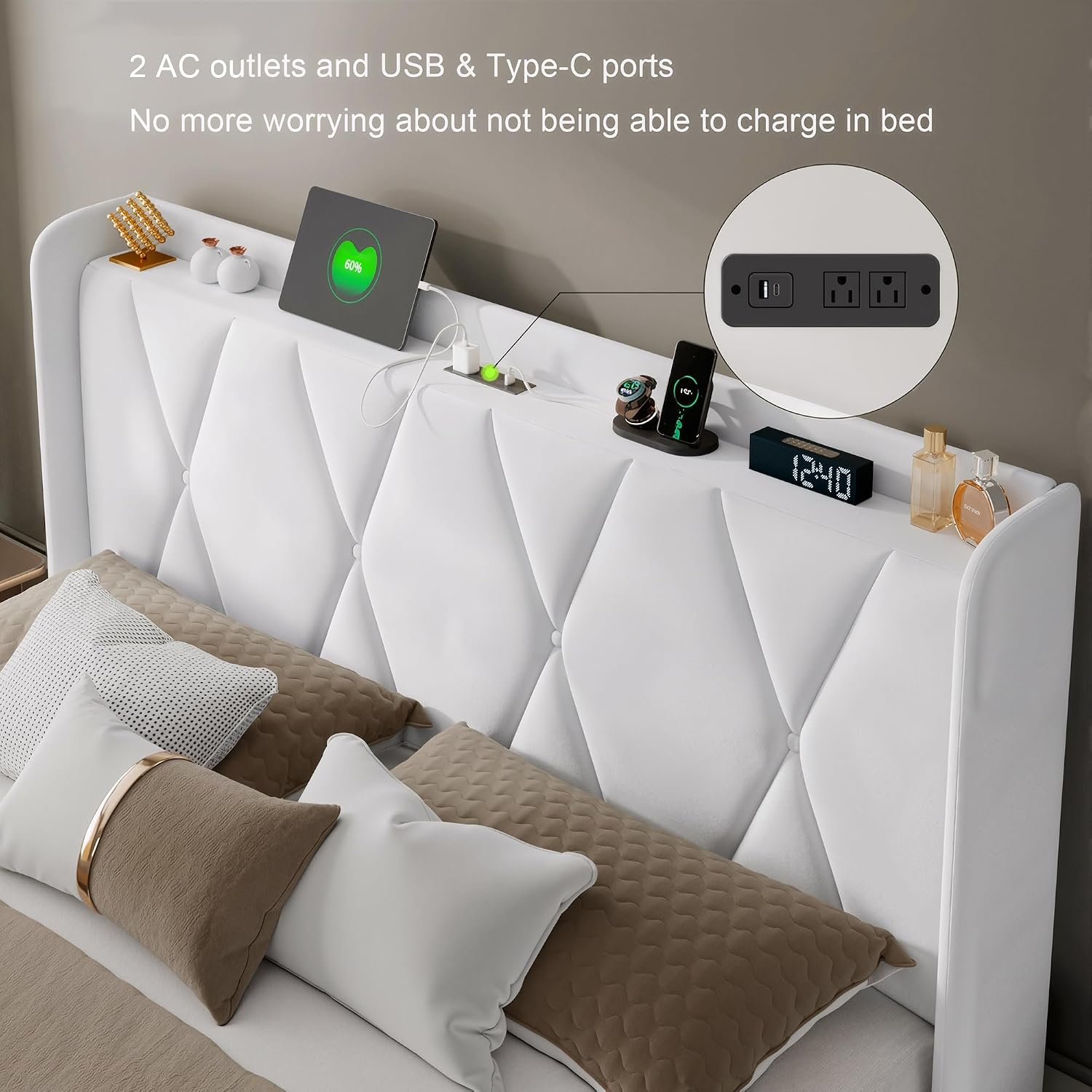 Feonase Full Size Bed Frame with 4 Storage Drawers, Velvet Upholstered Platform Bed with Charging Station, Wingback Storage Headboard, Wooden Slats Support, No Box Spring Needed, Easy Assembly, White