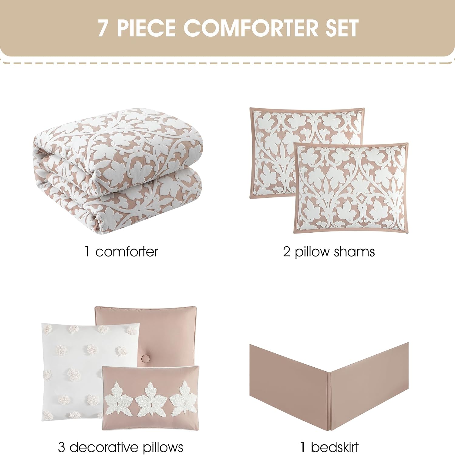 Grand Avenue 7 Piece Blush Comforter Set, King Size Jacquard Bedding Set, All Season Floral Leaves Bedding, Matching Pillows, Shams, Bed Skirt