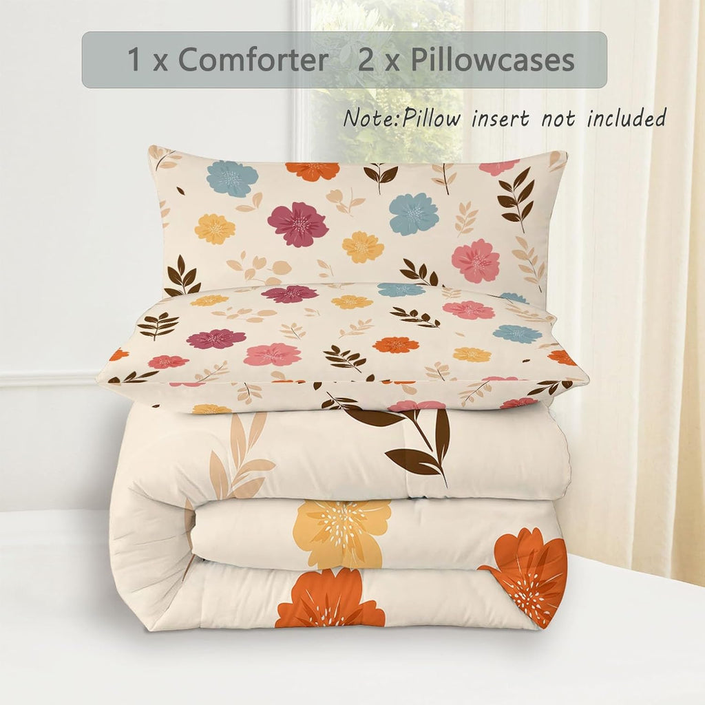 Beige Reversible Comforter Set King, Hand Drawn Plants Flowers Printed Comforter Set 3-Piece with 1 Comforter & 2 Pillowcases, Soft Microfiber Quilted Bedding for All Season