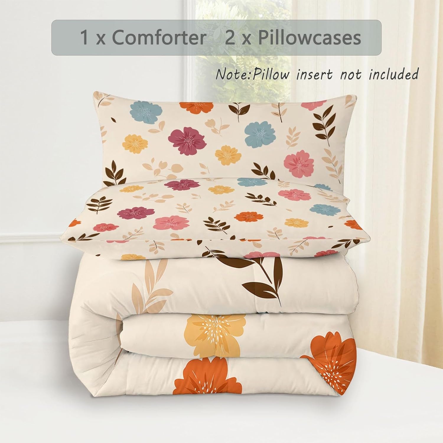 Beige Reversible Comforter Set King, Hand Drawn Plants Flowers Printed Comforter Set 3-Piece with 1 Comforter & 2 Pillowcases, Soft Microfiber Quilted Bedding for All Season