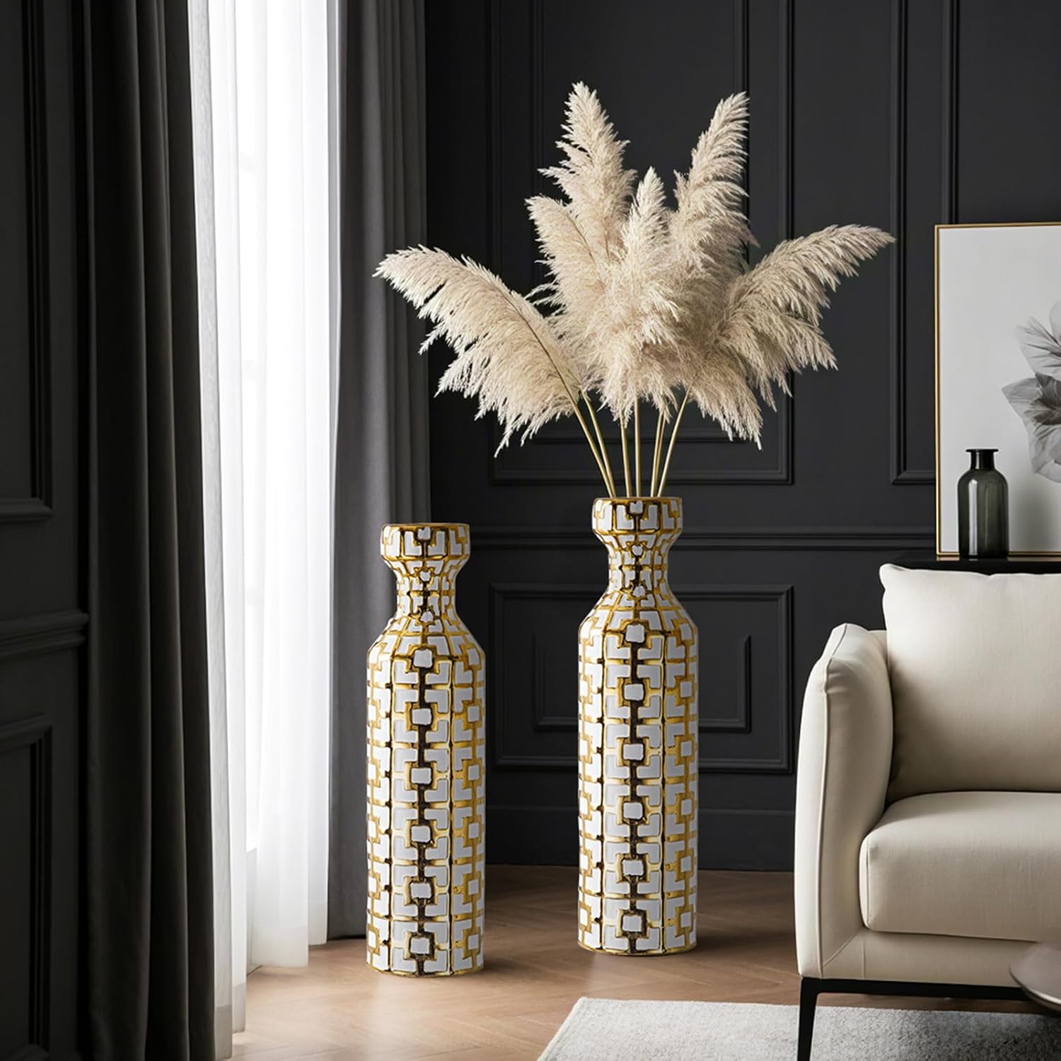 Pair of 24.4' Tall Ceramic Cylinder Vases with Geometric Gold Accents, Large Flower Vase, Decorative Vase - Modern White & Gold Floor Vases for Living Room, Entryway Decor (Set of 2)