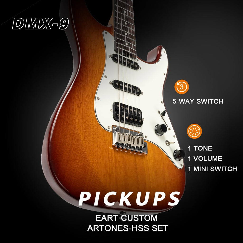 EART Electric Guitar DMX-9, 6 String Tremolo Bridge, Humbucker Pickups, Solid Body, 5-Way Switch Guitars (Honey Burst)