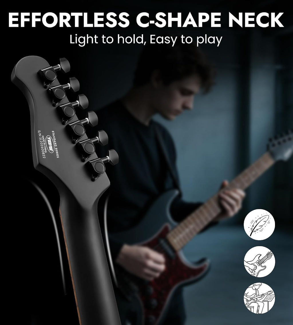 Tostar Electric Guitar Kit with Amp HSS Pickup Beginner Electric Guitar Stratocaster with Gig Bag,Capo,Tremolo, Strap, Picks 39' Full Size Electric Guitars Heavy Metal 6 String for Gifts Satin Black