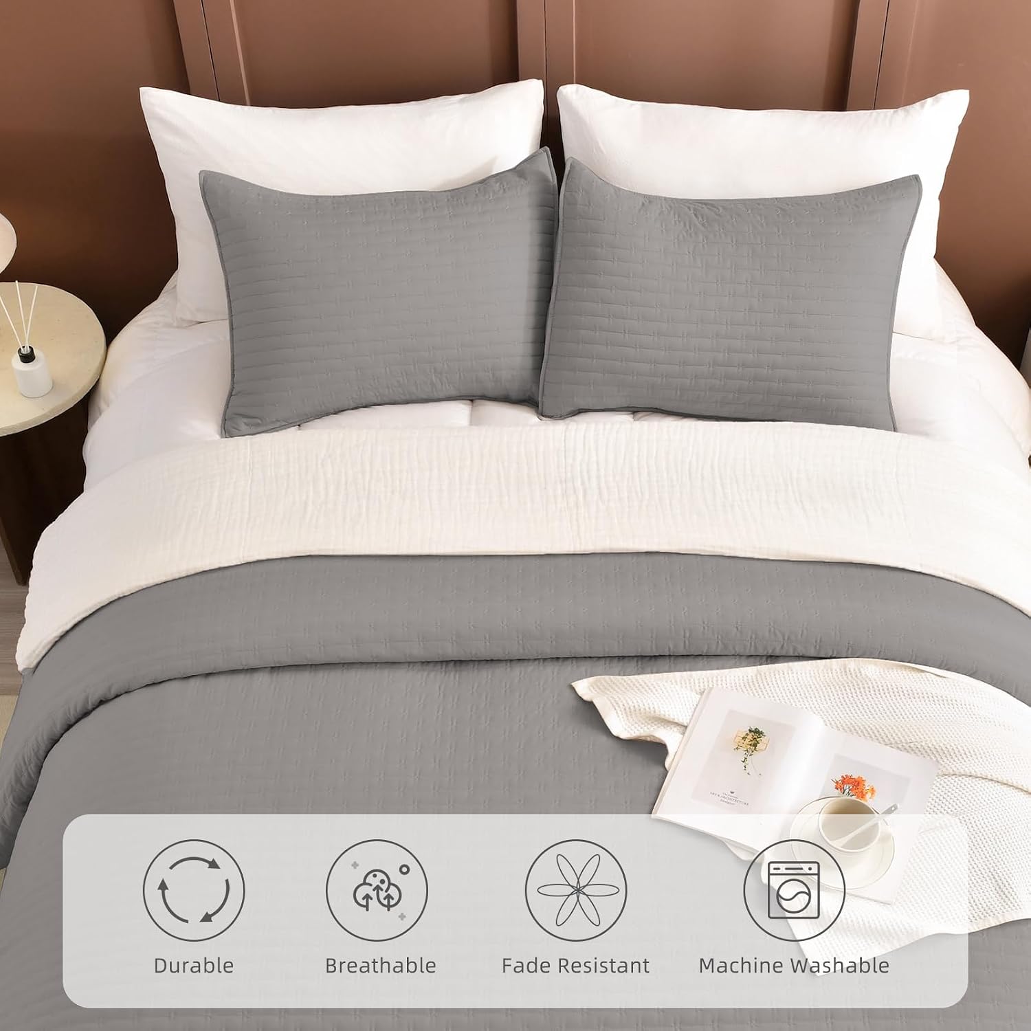 Lady Ann Gray Oversized King Bedspread 128x120, 3Pcs Extra Large Farmhouse Lightweight King Quilt Bedding Set Soft Quilted Bedspreads Thin Comforter for All Season