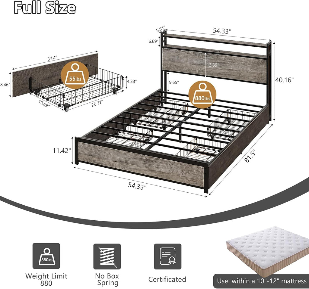 VINGLI Full Bed Frame with 4 Storage Drawers and Adjustable Headboard, Metal Double Platform Bed with Charging Station and LED Lights, No Box Spring Needed, Noise Free, Easy Assembly, Wash Grey