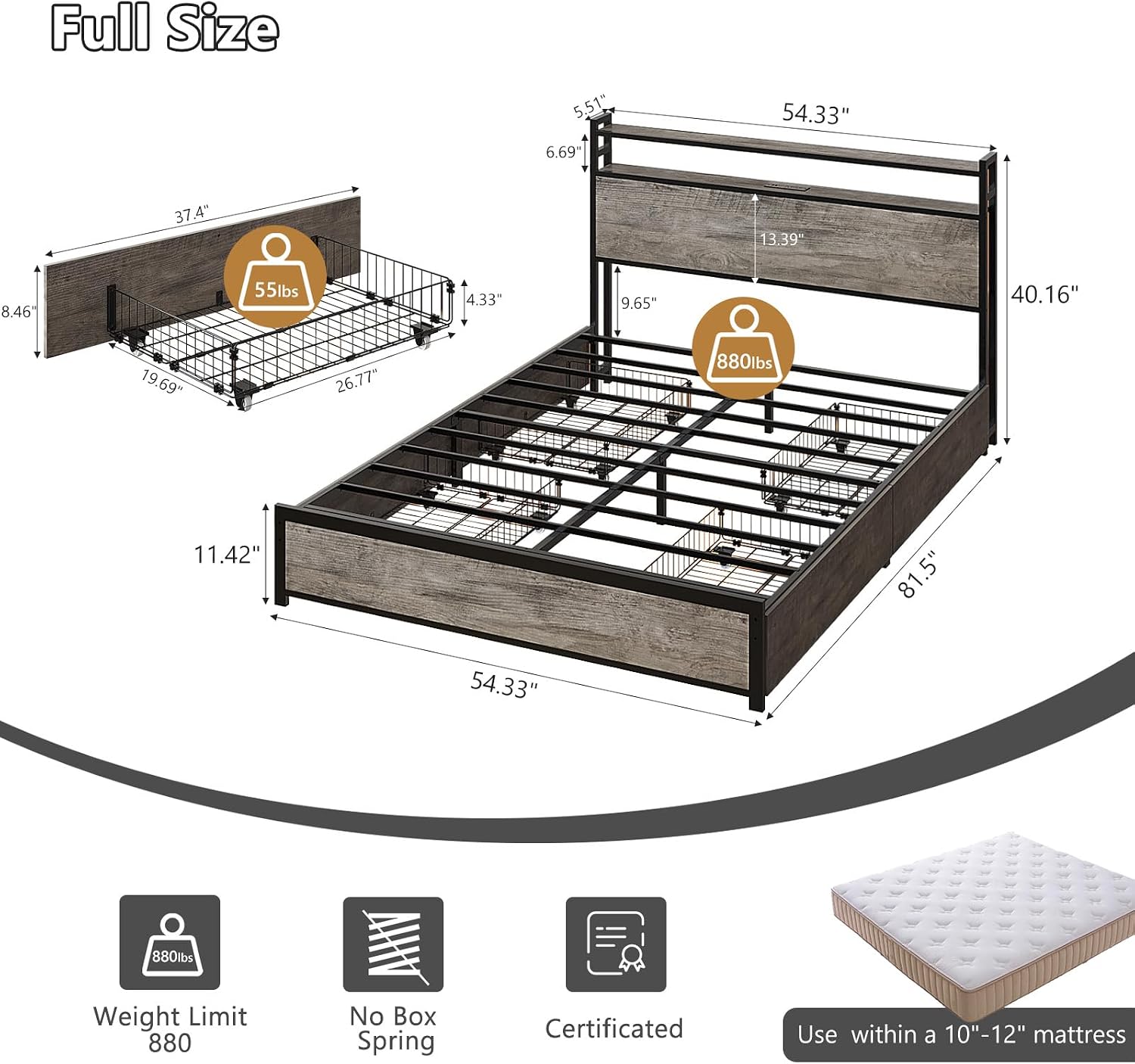 VINGLI Full Bed Frame with 4 Storage Drawers and Adjustable Headboard, Metal Double Platform Bed with Charging Station and LED Lights, No Box Spring Needed, Noise Free, Easy Assembly, Wash Grey