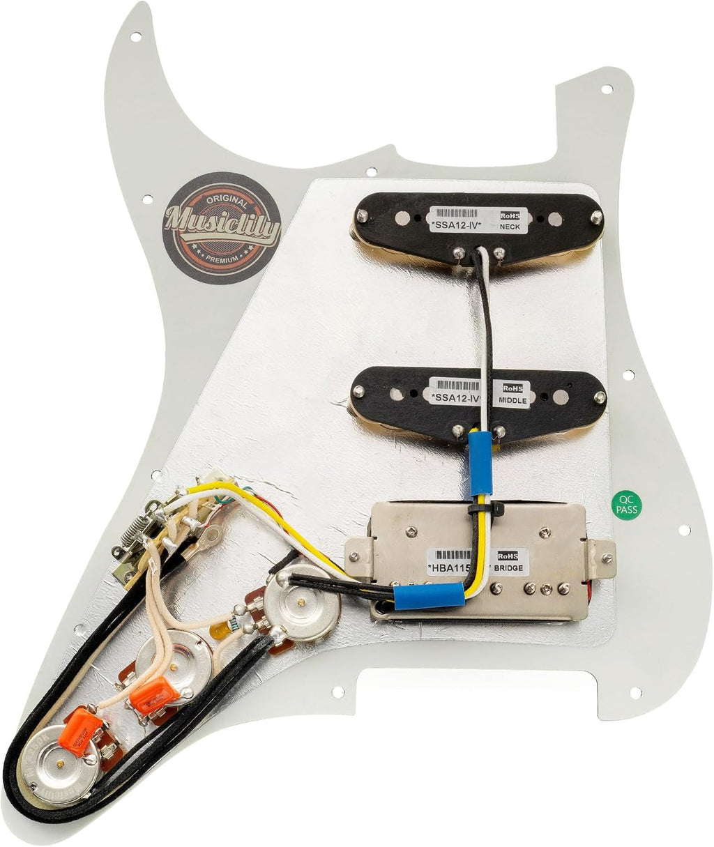 Musiclily Pro Auto-Split HSS Loaded Pickguard ST Prewired Pickguard with Artec Alnico 5 Single Coil Humbucker Pickups for American/Mexico Import Squier Strat Electric Guitar, 3ply Aged White