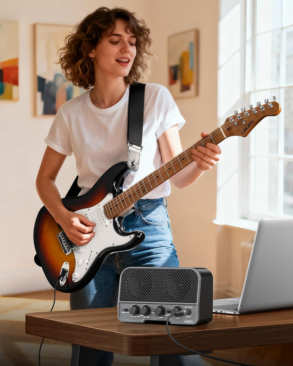 LEKATO Electric Guitar Kit Beginner 39 Inch Full Size Solid Body Guitar HSS for Starter Roasted Maple Neck Fretboard Stainless Steel Frets, 5W Mini Amp, Bag, Tuner, Capo, Strap, String, Picks-Sunburst
