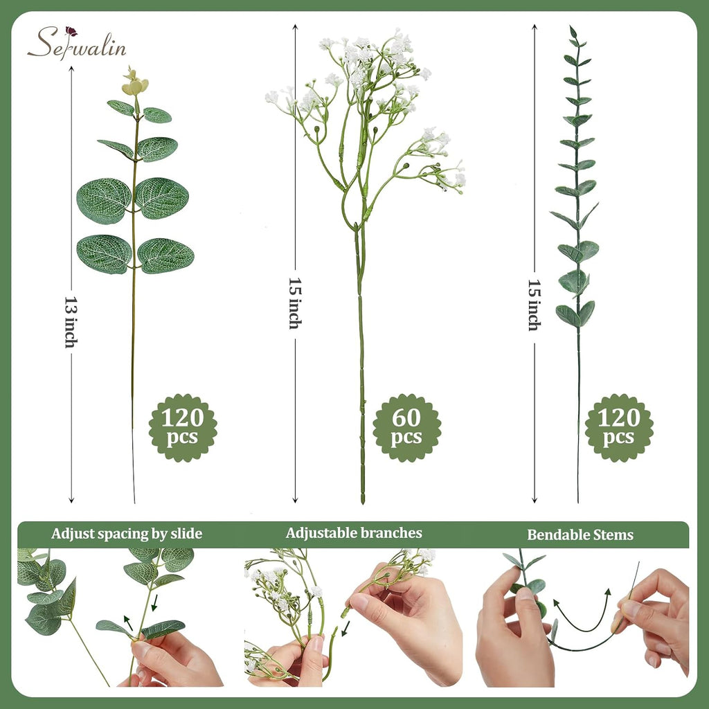 Serwalin 300 Pcs Mixed Artificial Eucalyptus Stems，Babys Breath Artificial Flowers Bulk with Artificial Fake Greenery Stems for Wedding DIY Bouquets Floral Arrangement Home Decor