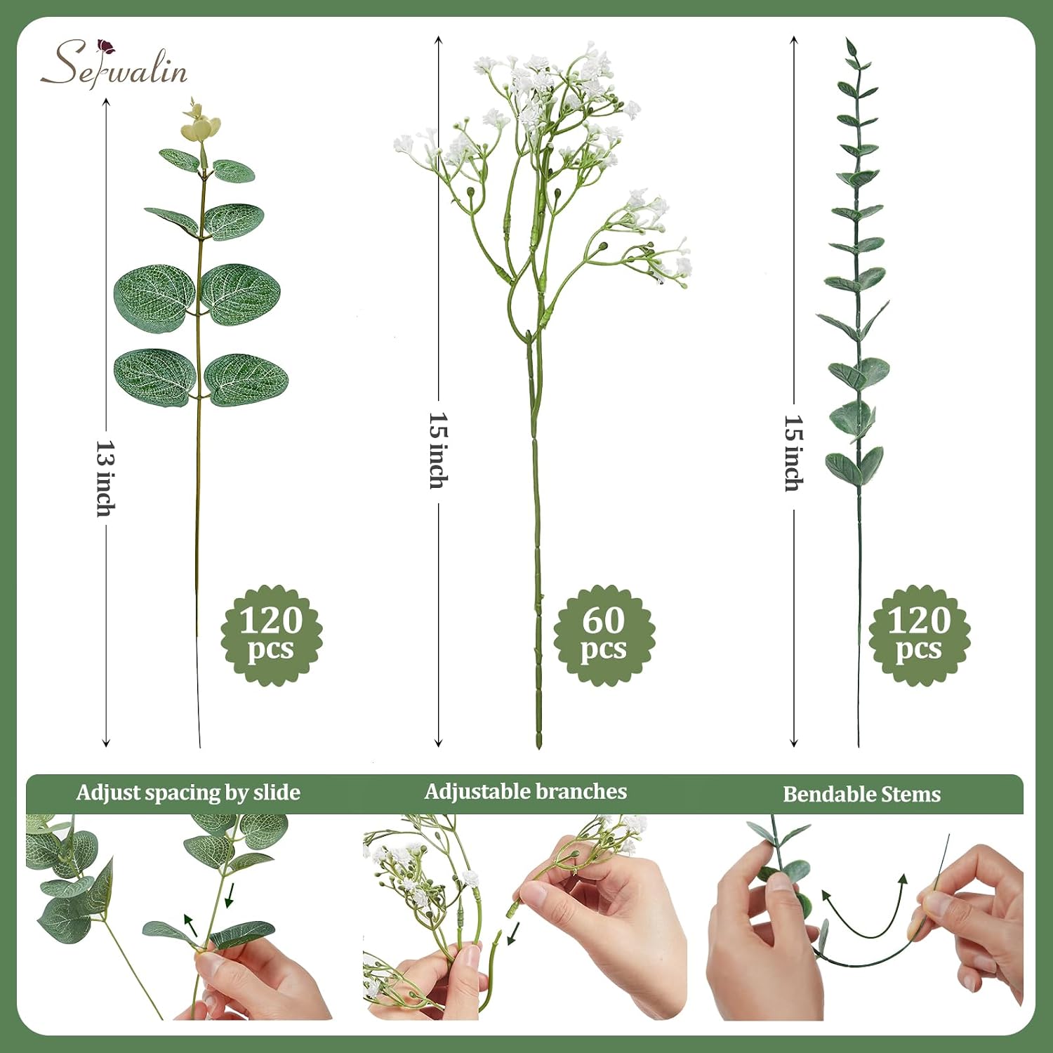 Serwalin 300 Pcs Mixed Artificial Eucalyptus Stems，Babys Breath Artificial Flowers Bulk with Artificial Fake Greenery Stems for Wedding DIY Bouquets Floral Arrangement Home Decor