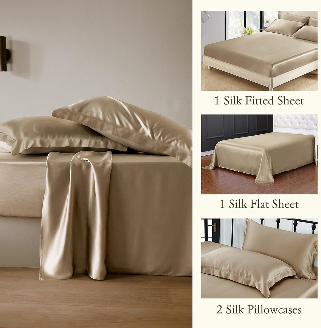 LilySilk 4PC Silk Fitted Sheet Set, 19 Momme Silk Bed Sheets, 1 Flat Sheet, 1 Fitted Sheet and 2 Oxford Silk Pillowcases, Silk Bedding Set 100% Top 6A Grade, Taupe Cal.King Size