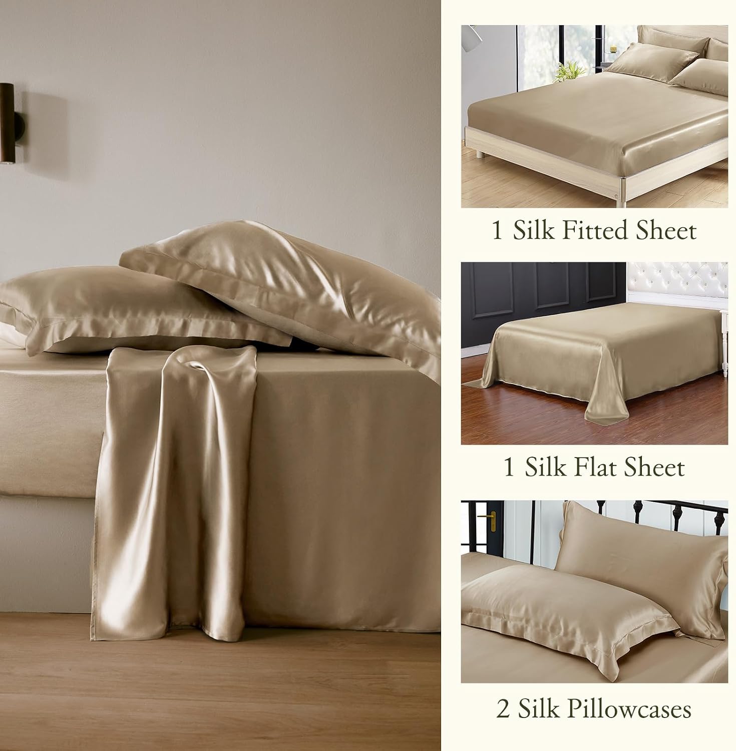 LilySilk 4PC Silk Fitted Sheet Set, 19 Momme Silk Bed Sheets, 1 Flat Sheet, 1 Fitted Sheet and 2 Oxford Silk Pillowcases, Silk Bedding Set 100% Top 6A Grade, Taupe Cal.King Size