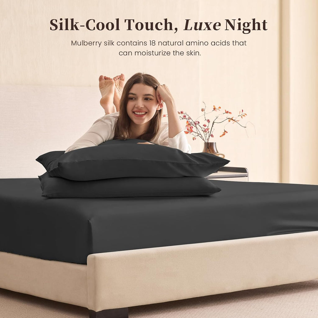 THXSILK 6A+ Top Grade 100% Pure Mulberry Silk King Fitted Sheet 3Pcs Set Bed Sheets Luxury Bedding for Hair and Skin Breathable Cooling Safe Material, 1 Fitted Sheet with 2 Pillowcases, Black