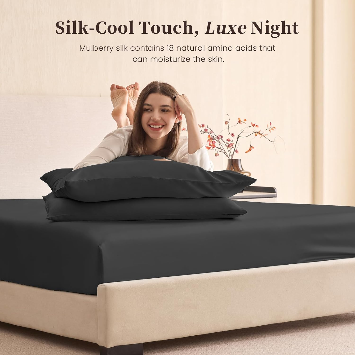 THXSILK 6A+ Top Grade 100% Pure Mulberry Silk King Fitted Sheet 3Pcs Set Bed Sheets Luxury Bedding for Hair and Skin Breathable Cooling Safe Material, 1 Fitted Sheet with 2 Pillowcases, Black