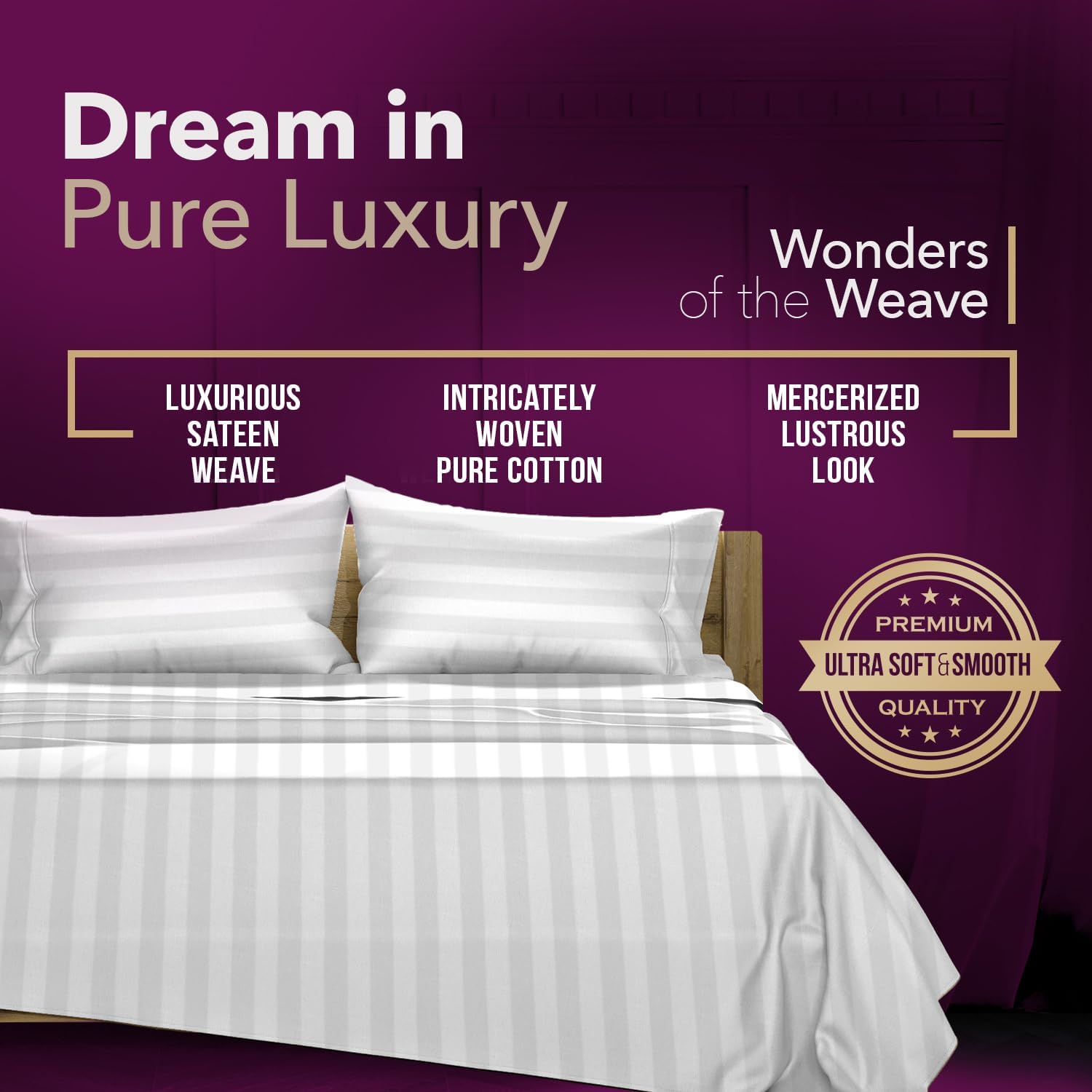 TEXAS LINEN CO. 100% Egyptian Cotton Queen Sheets Set - Luxury 1200 Series Star Sleepin' Damask Egyptian Cotton Sheets Queen Size (4 PC, White Stripe), 17' Deep Pocket, Cooling Sateen Hotel Bedding