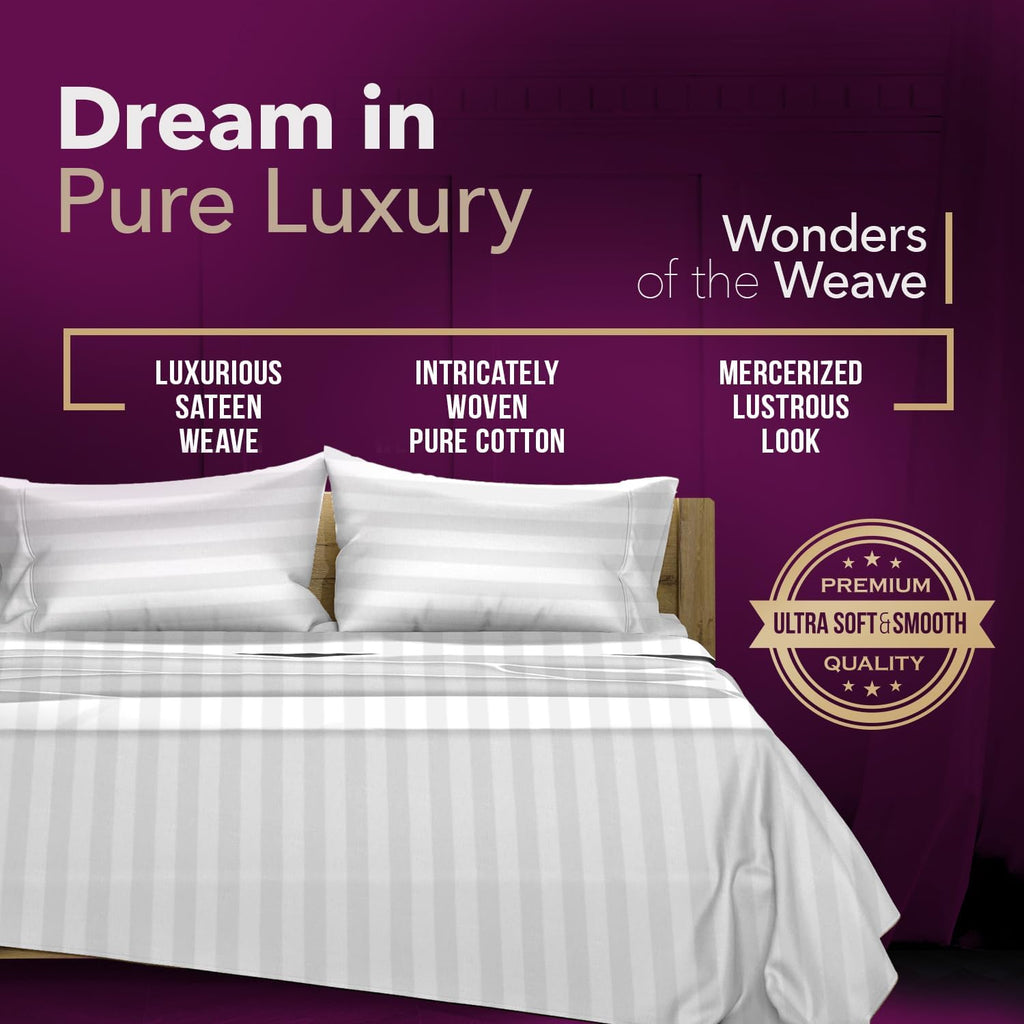 TEXAS LINEN CO. 100% Egyptian Cotton Sheets King Size Set - 1200 Series Star Sleepin' Damask Egyptian Cotton Luxury Sheets King Size (4 PC, White Stripe), 17' Deep Pocket, Sateen Hotel Bedding Set