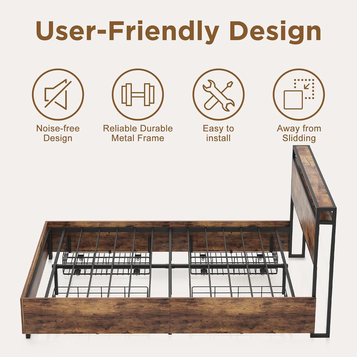 Full Bed Frame with 4 Storage Drawers, LED Bed Frame Storage with Headboard and Charging Station, Solid and Stable, Noise Free, No Box Spring Needed, Easy Assembly, Rustic Brown