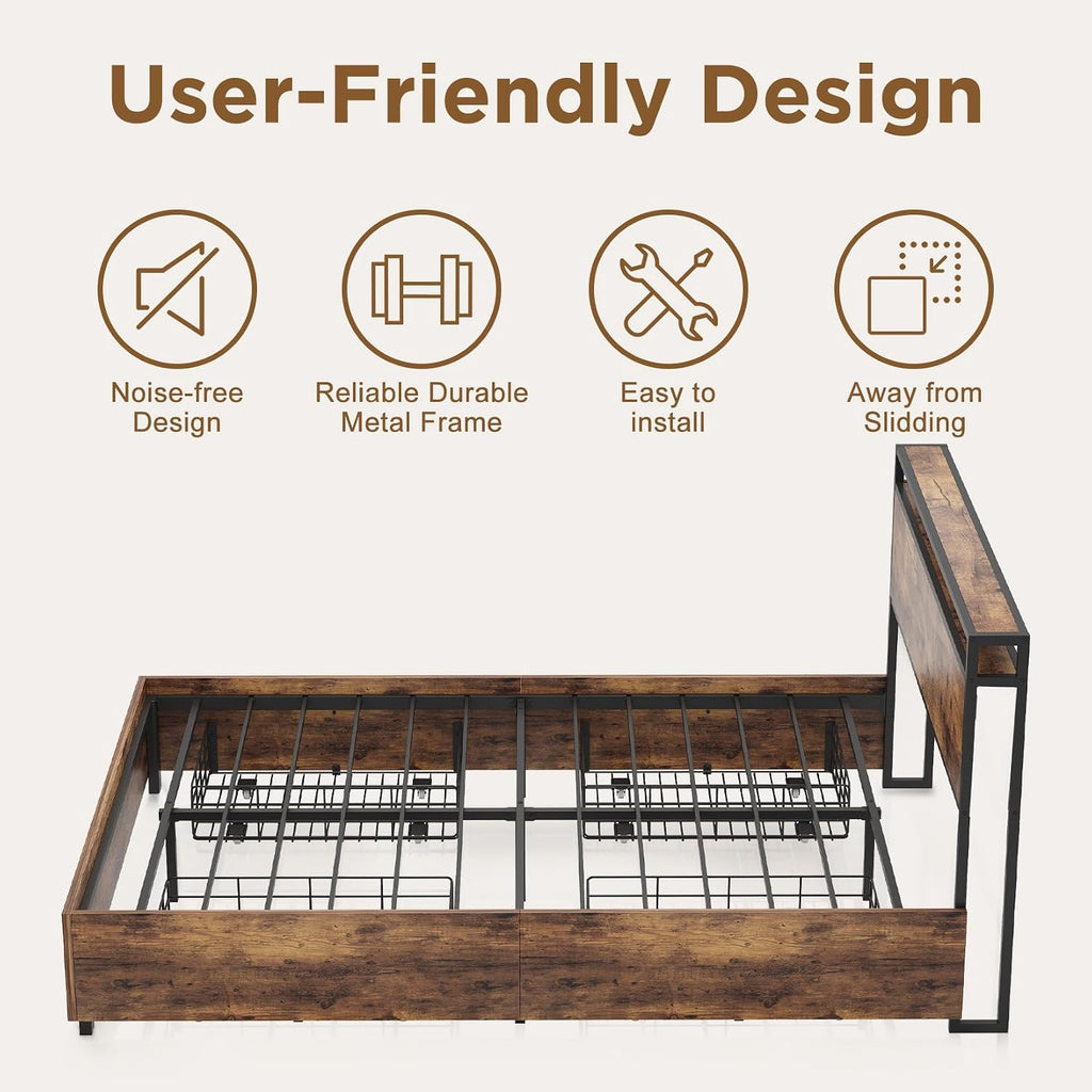 King Bed Frame with 4 Storage Drawers, LED Bed Frame Storage with Headboard and Charging Station, Solid and Stable, Noise Free, No Box Spring Needed, Easy Assembly, Rustic Brown