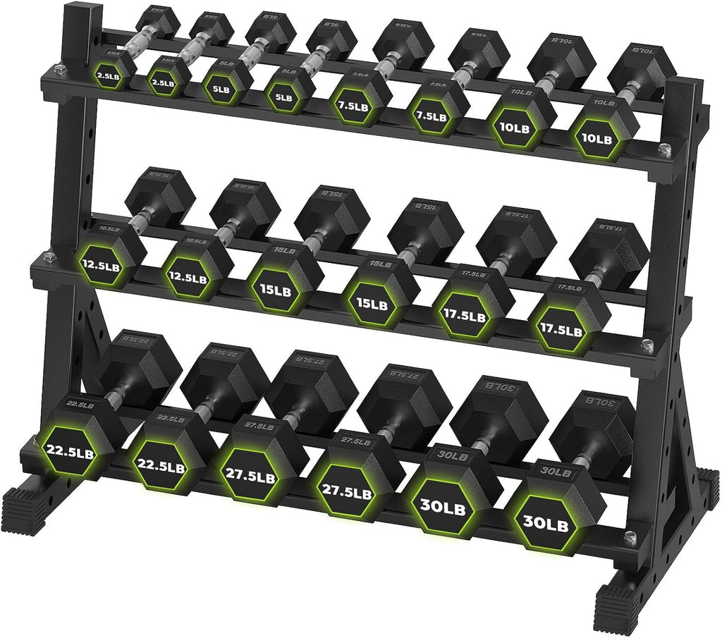 HANDBODE Hex Dumbbell Set with Rack, 300-840 lb Rubber Coated Fixed Weights Sets with Heavy Duty Storage Stand, Hexagon Shape, Multiple Weight Options Home Gym Equipment for Strength Training