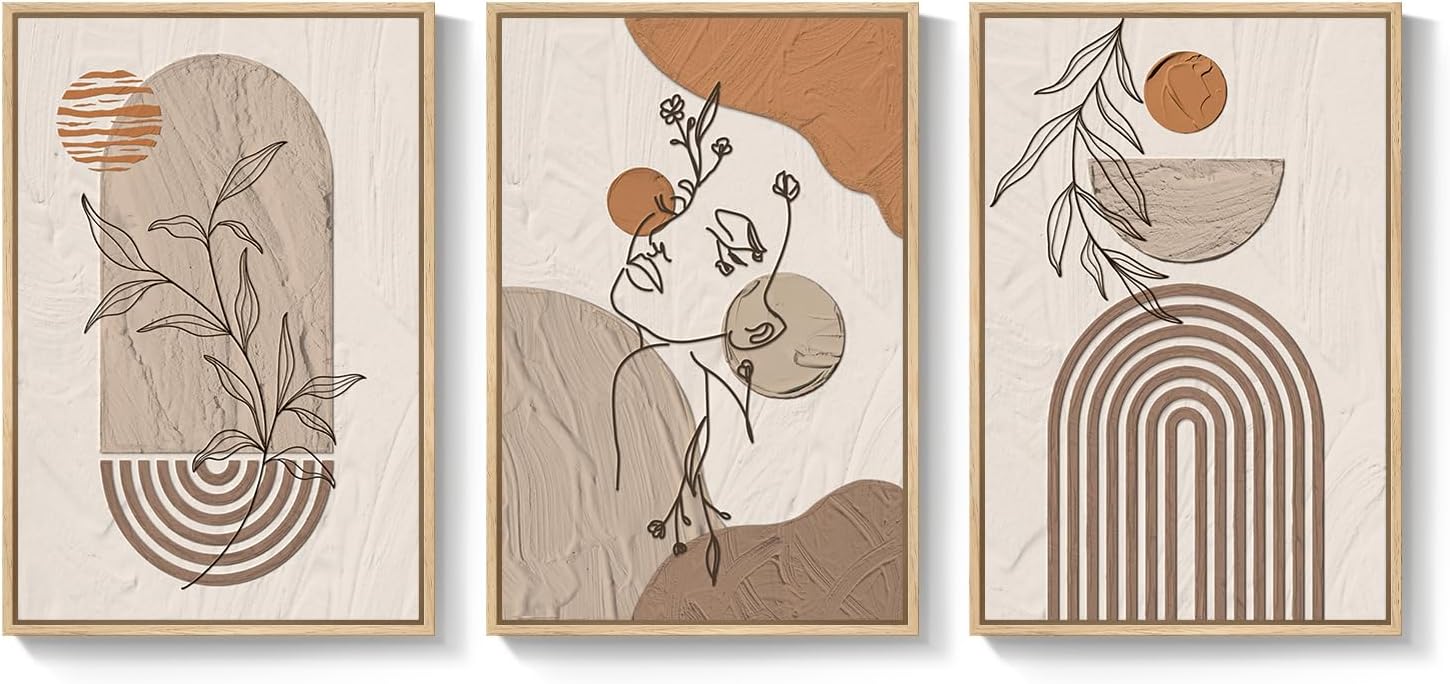 Large Framed Earth Tone Boho Abstract Wall Art for Living Room, 3 Piece Neutral Modern Paintings Prints Canvas Artwork for Walls, Bohemian Pictures Wall Decor for Bedroom Home Office, 20x30 Inch