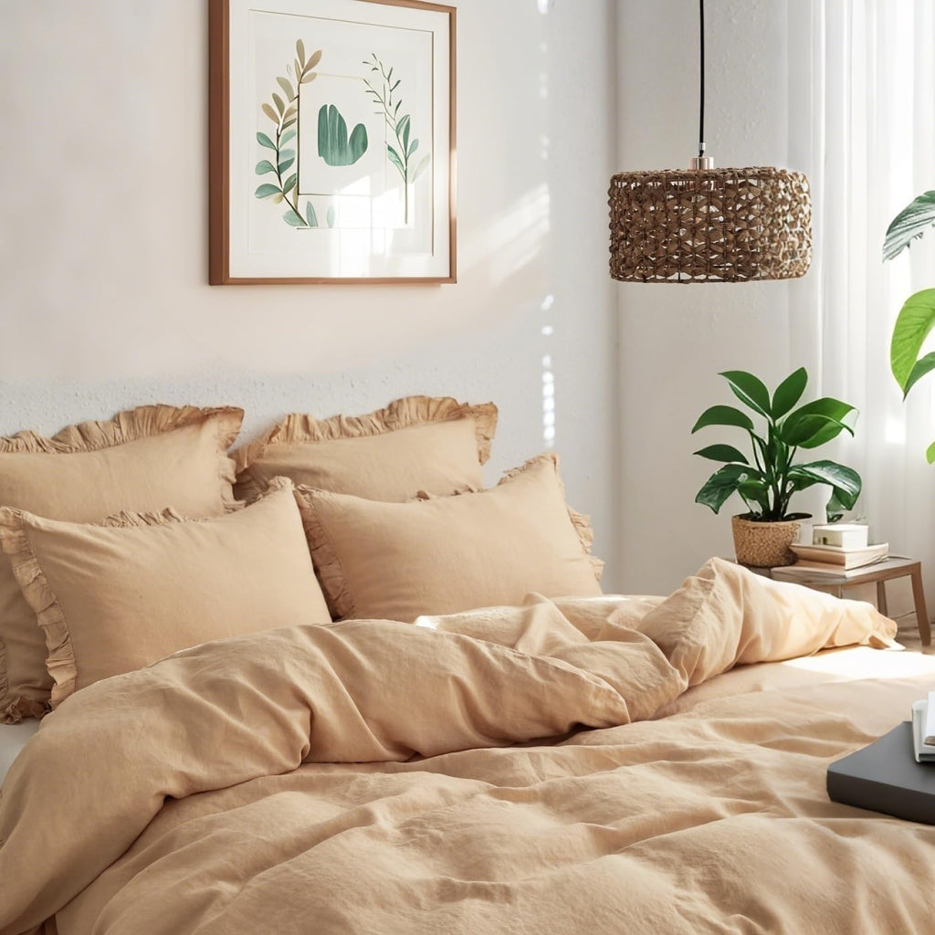 Simple&Opulence 100% Linen Duvet Cover Set, 3 PCS Natural French Flax Sand Ruffle Duvet Cover Full Size, Breathable Comfy Linen Bedding Comforter Cover with 2 Pillowcases (Sand, 78' X 86')