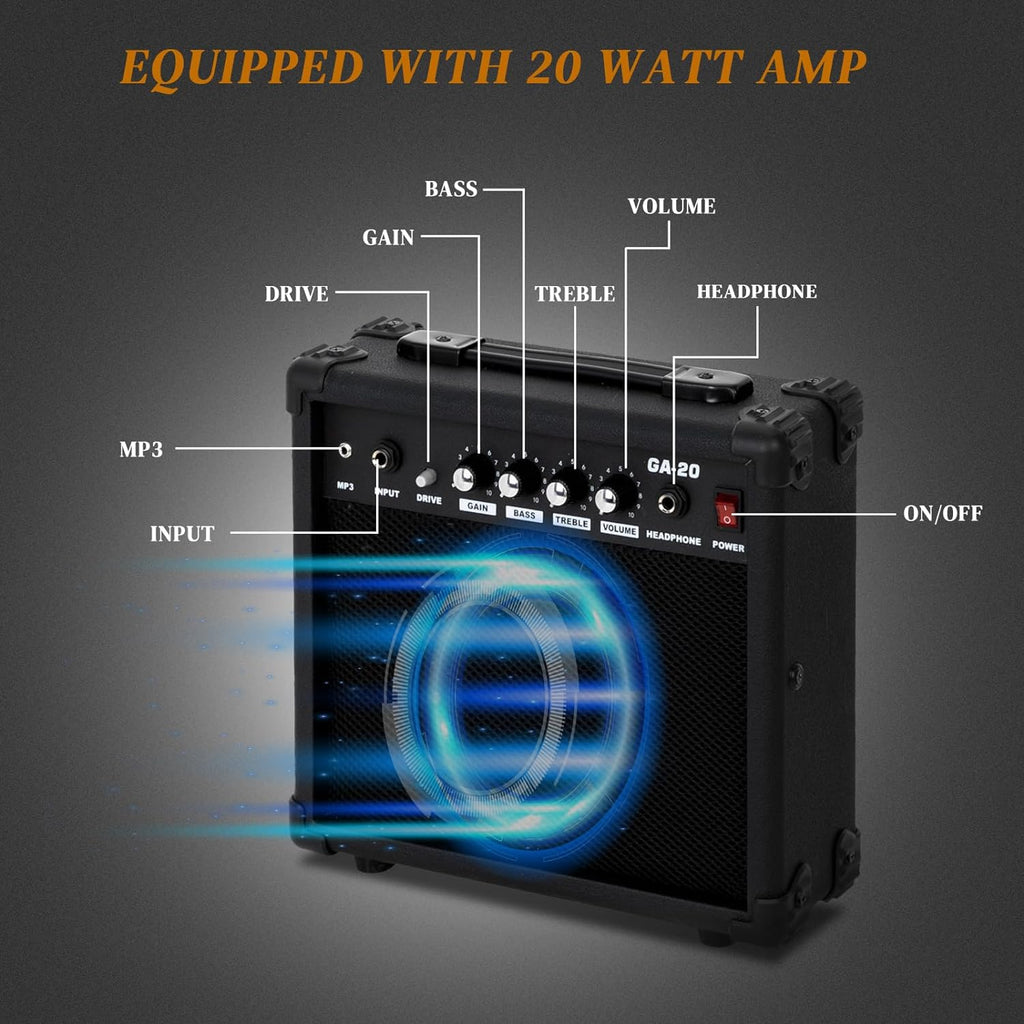 Ktaxon 39' Electric Guitar with 20Watt Amp, Full Size 170 Model Starter Guitar Kit for Beginners & Professionals W/Bag, Shoulder Strap, Wrench Tool, Plectrum - Black
