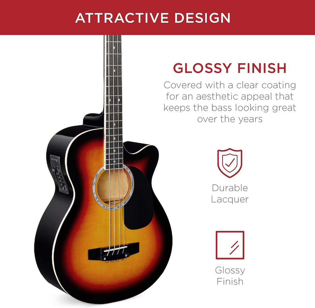 Best Choice Products Acoustic Electric Bass Guitar, Full Size 4 String, Fretted Bass Guitar w/Padded Gig Bag - Vintage Sunburst