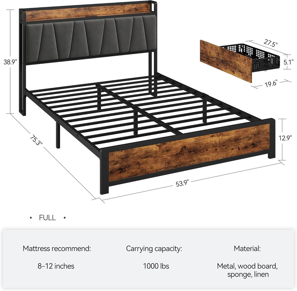 GAOMON Full Size Bed Frame with 4 Storage Drawers and Linen Upholstered Headboard, Full Platform Bed Frame with Charging Station, No Box Spring Needed, Easy Assembly, Vintage Brown