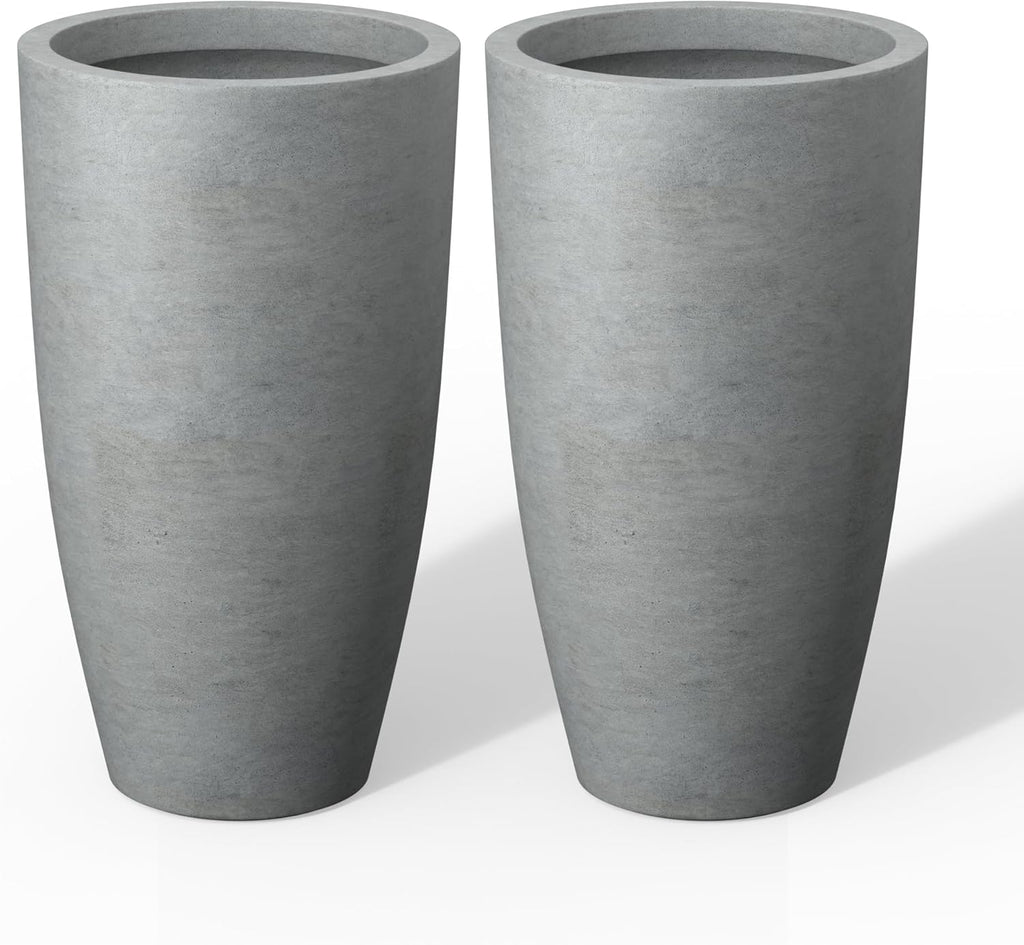 Kante 23.6' H Natural Concrete Tall Planters (Set of 2), Large Outdoor Indoor Decorative Plant Pots with Drainage Hole and Rubber Plug, Modern Style for Home and Garden
