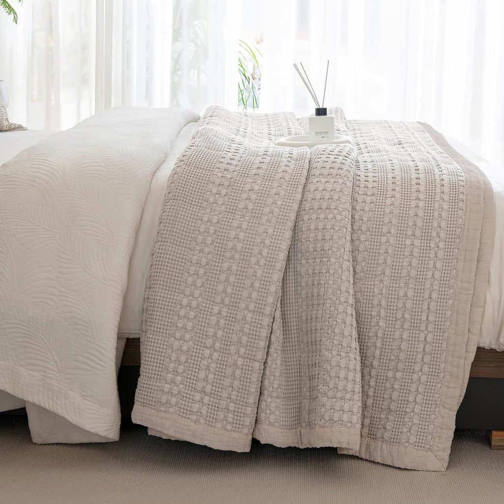 Sanracie Oversized King Quilt (120'x120'), Cotton Oatmeal Colored Waffle Weave Quilted Bedding Set Super Large Soft Bedspread 3Pcs Luxury Aesthetic Coverlet Set for All Season