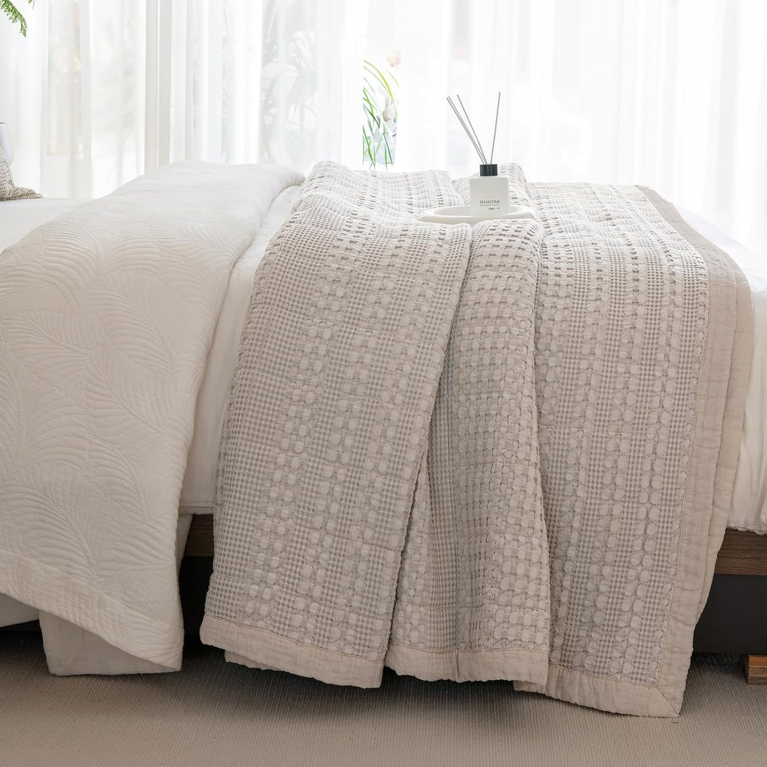 Sanracie Oversized King Quilt (120'x120'), Cotton Oatmeal Colored Waffle Weave Quilted Bedding Set Super Large Soft Bedspread 3Pcs Luxury Aesthetic Coverlet Set for All Season