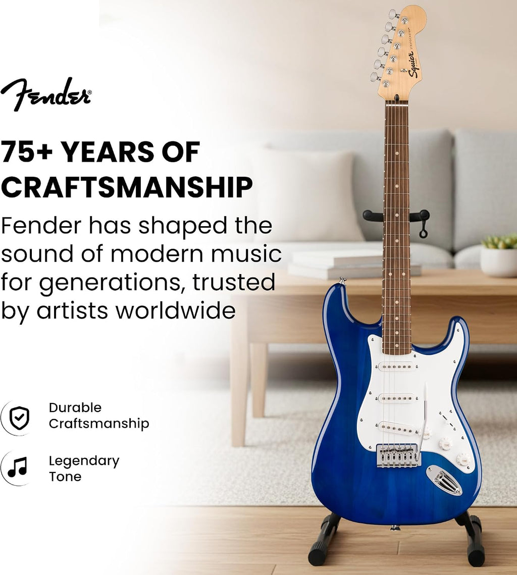 Fender Squier Sonic Stratocaster Pack - Sapphire Blue Transparent Bundle with Frontman 10G Amp, Gig Bag, Instrument Cable, Strap, Tuner, Picks, and Austin Bazaar Instructional DVD