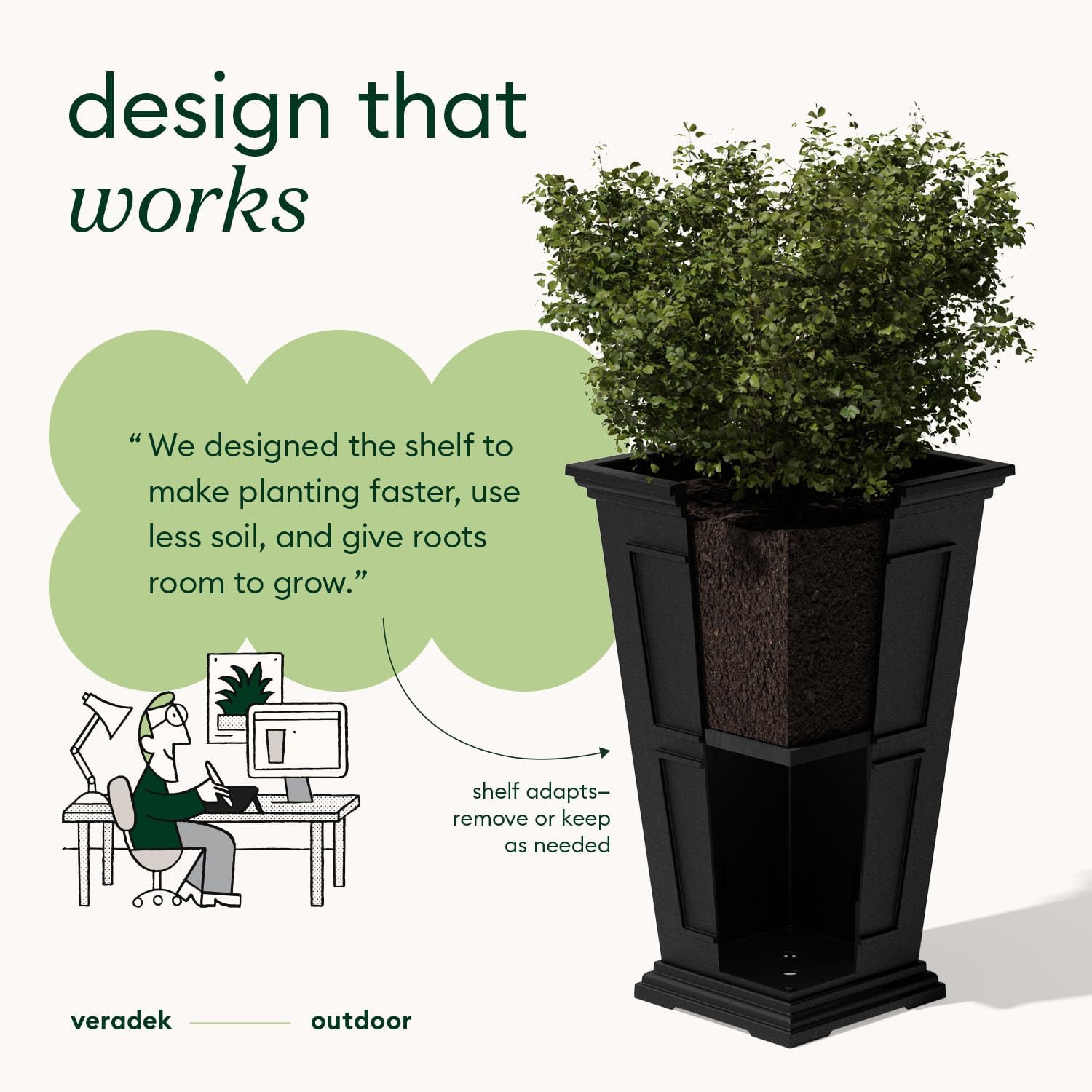 Veradek Brixton Series Tall Plastic Planter (Black, 26' H x 14.75' W x 14.75' L - 2 Pack with Shelf)