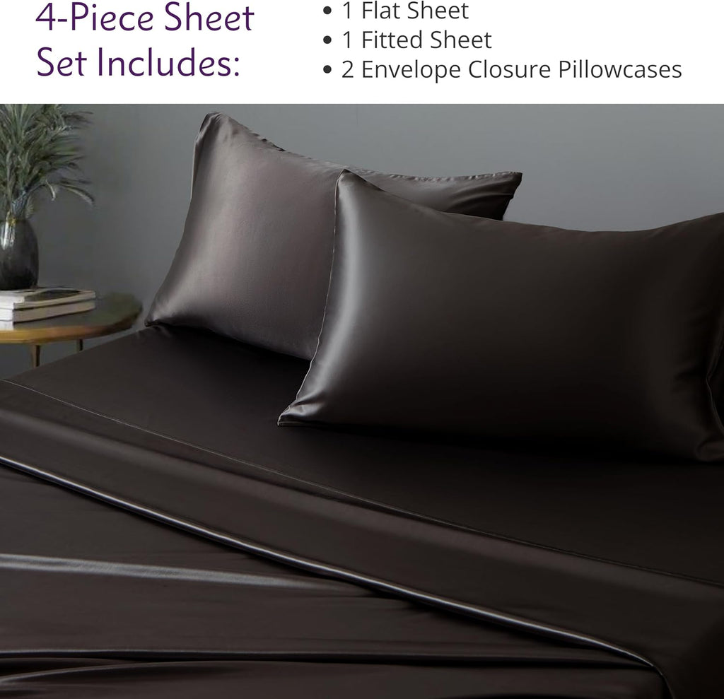Mulberry Park 100% Pure Mulberry Silk 4-Piece Sheet Set - 19 Momme, Grade 6A - Oeko-TEX Certified - Black, Queen