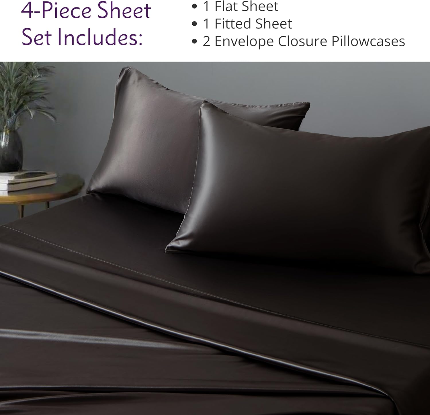 Mulberry Park 100% Pure Mulberry Silk 4-Piece Sheet Set - 19 Momme, Grade 6A - Oeko-TEX Certified - Black, Queen