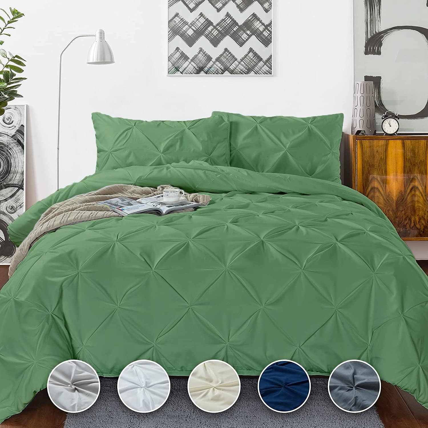 Crown Collection Luxuriate Hotel 1000-TC Hypoallergenic Ultra Soft Design 100% Egyptian Cotton Pinch Plated Duvet Cover with Zipper Colser & 2pcs Pillow Case Set (Oversize 98x120, Moss)