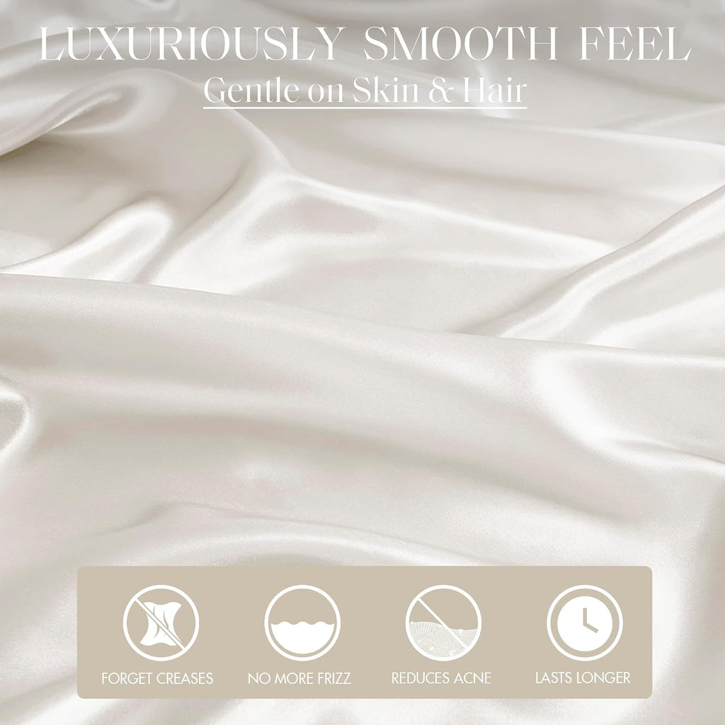 22 Momme 100% Mulberry Silk Bedding Set - 4-Piece Luxury Queen Size (2 Pillowcases, 1 Fitted Sheet, 1 Flat Sheet) - Fits 14-16' Deep Pocket (Solid, Ivory)