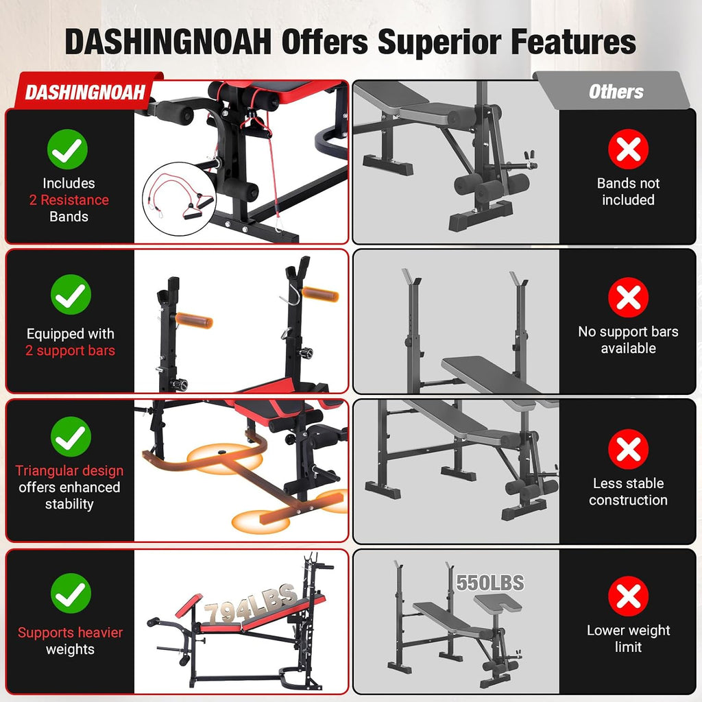 6-in-1 Foldable Weight Bench Set, 1695LBS Adjustable Workout Bench/Barbell Rack/Curl Pad, Bench Press, Leg Extension and Curl machine, Workout Fitness Equipment w/Squat Rack for Home Gym
