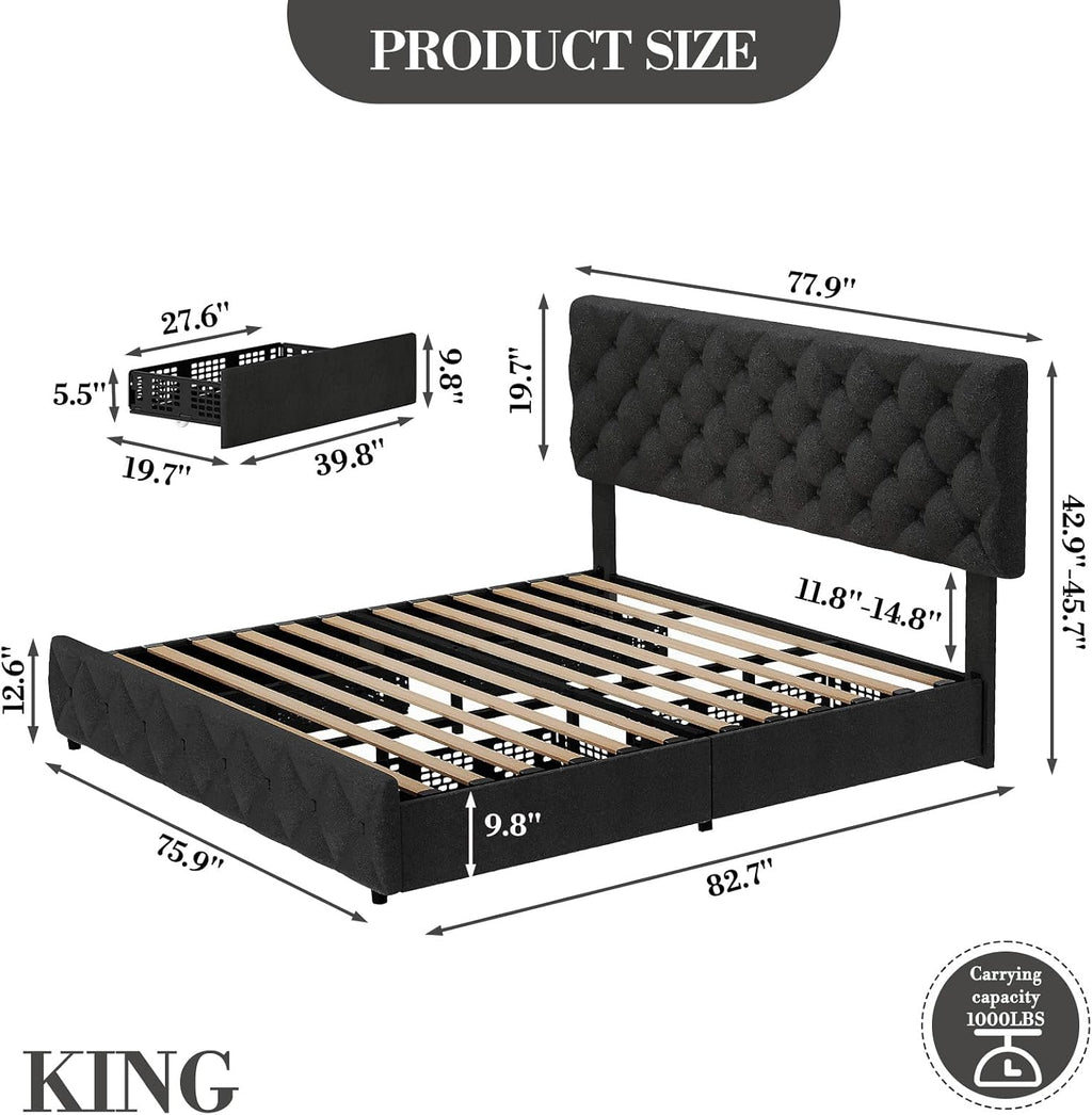 King Size Bed Frame with 4 Storage Drawers & Headboard, Linen Upholstered Platform Bed Frame, Stylish Diamond Tufted Design, No Box Spring Needed | Black