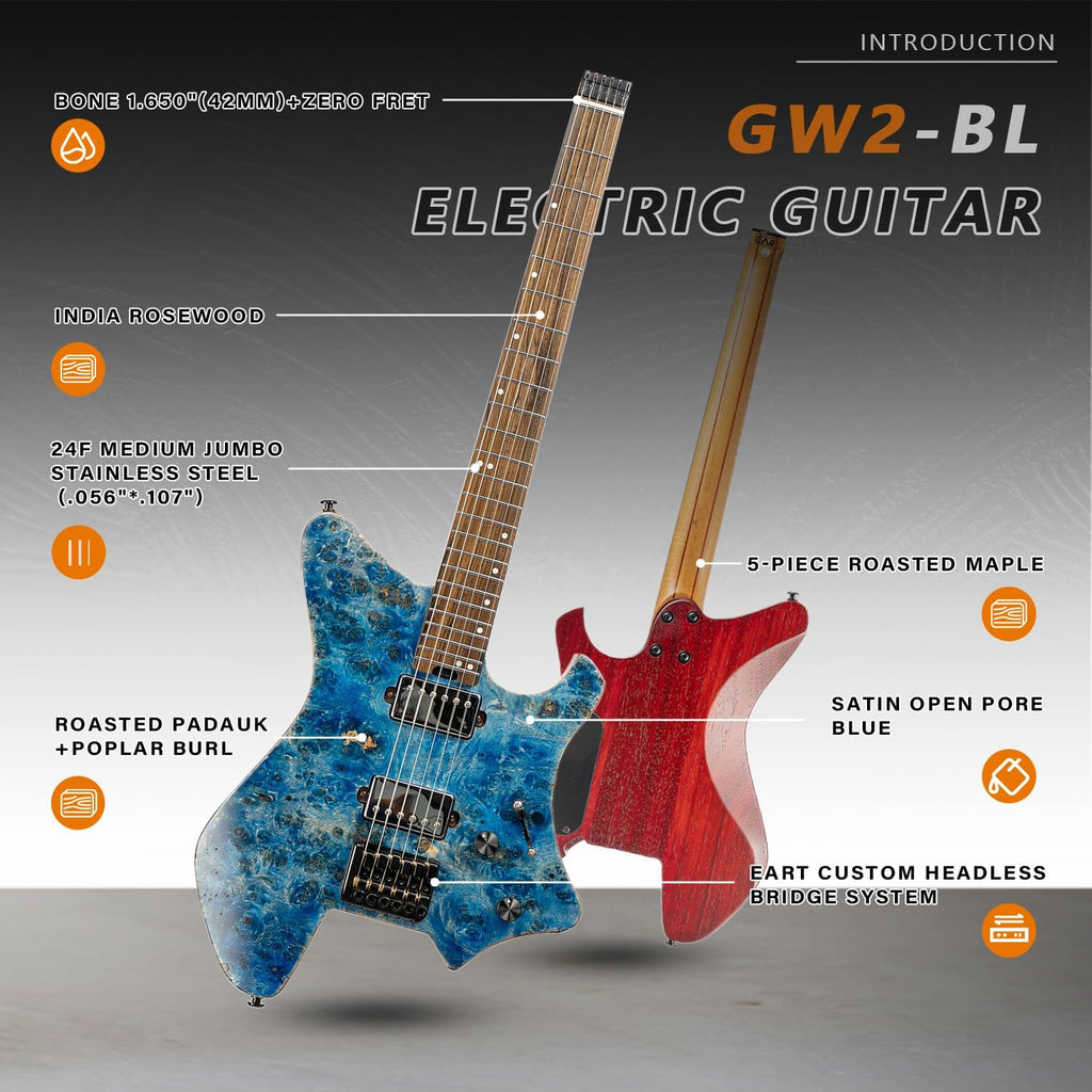 EART GW2 25.5' Headless Electric Guitar - Roasted Padauk Soild Body/5pc Maple Neck - Alnico-V Pickups, Stainless Frets
