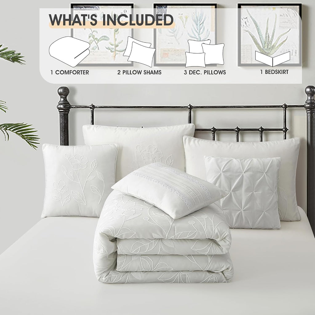 LANCO MODERN LIFESTYLE Beige King Comforter Set, Chain Stiching 3D Floral Embroidery, Exquisite and Elegant Bedding Sets, 7 Pieces Bed in a Bag, Bedskirt, Pillow Shams and Decor Pillows